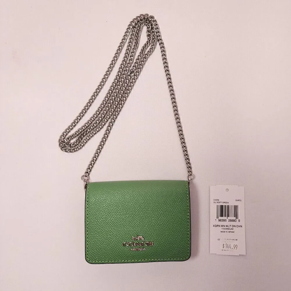 NWTCoach C0059 Mini Wallet On a Chain Soft Green Metallic Crossgrain Leather